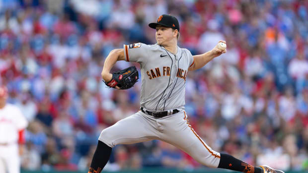 SF Giants starting pitcher Kyle Harrison (45) throws a pitch during his debut against the Philadelphia Phillies (2023).